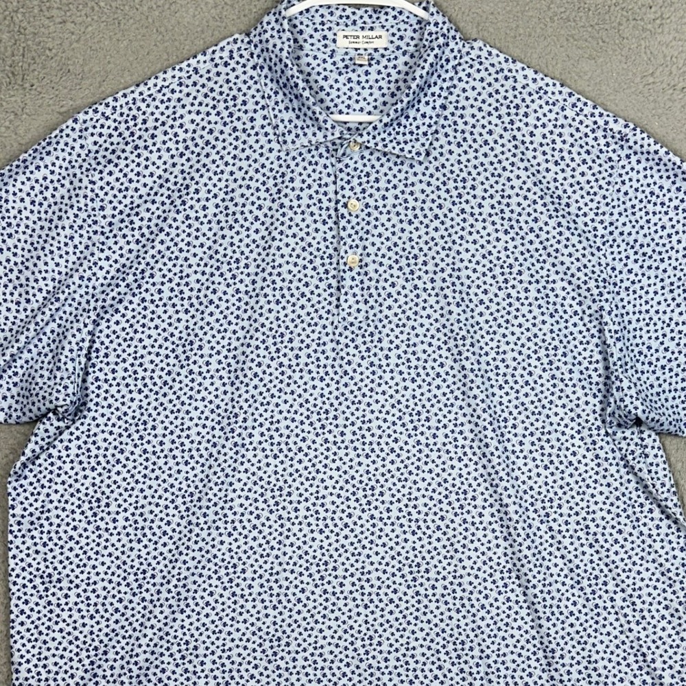 Peter Millar Polo Shirt Men 2XL Summer Comfort Blue Angler Fish Print Golf Rugby